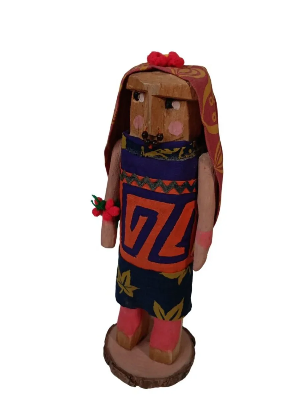 Handcrafted Wooden Tribal Folk Art Doll With Hand-Painted Details & Fabric Dress